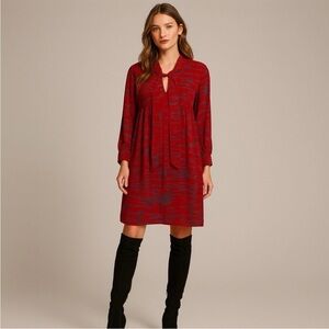 Women's Tunic Dress 100% Silk Holiday Red Tie Neck Long Sleeves Blouson Fit MED